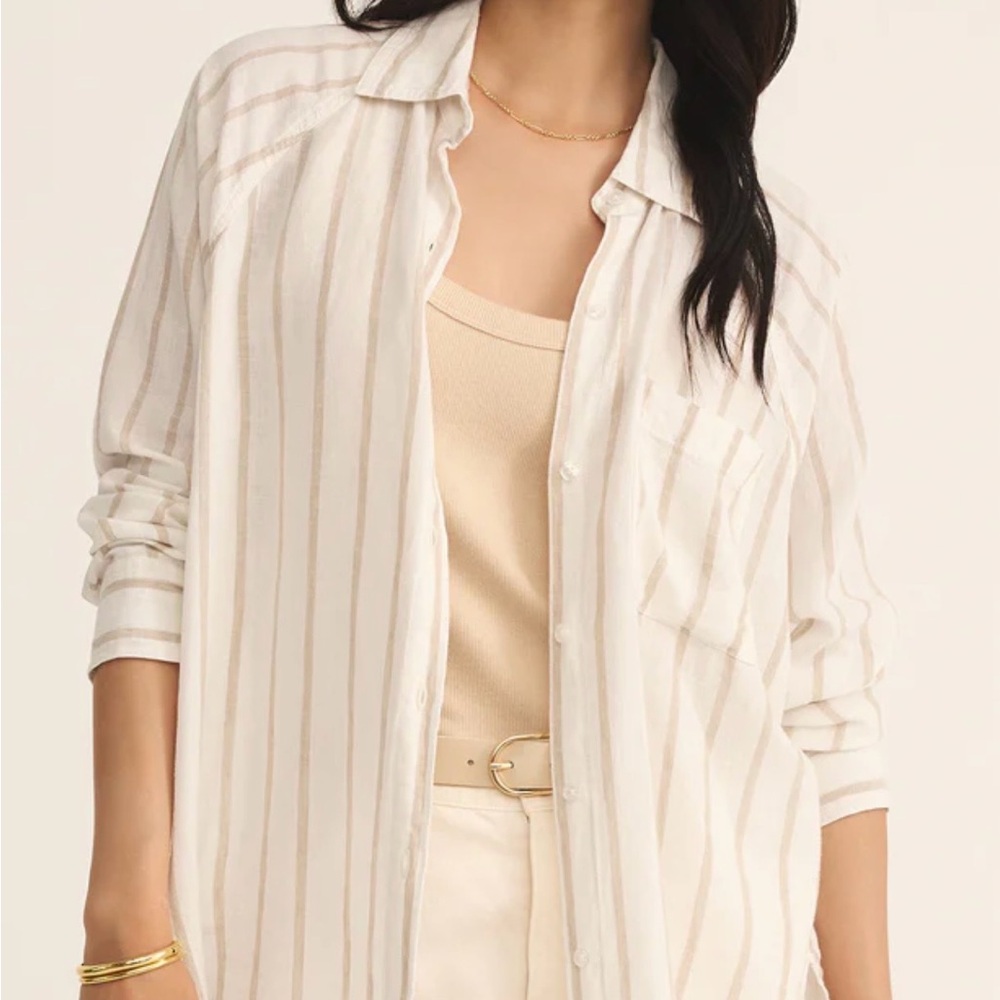 Z Supply White and Tan Striped Button Down Shirt